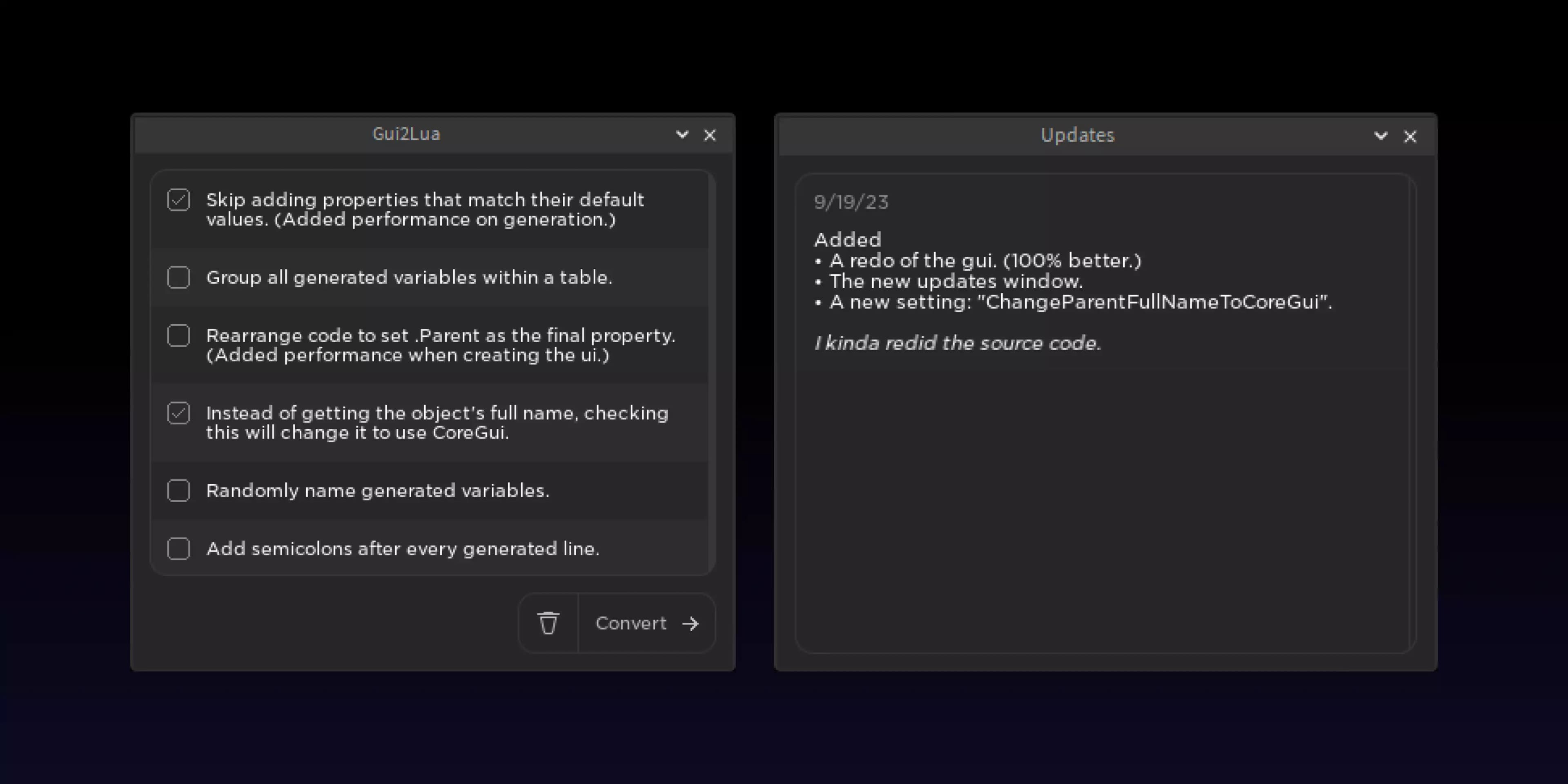 Preview of Envision Gui2Lua (DEVELOPERS UTILITY ROBLOX PLUGIN)