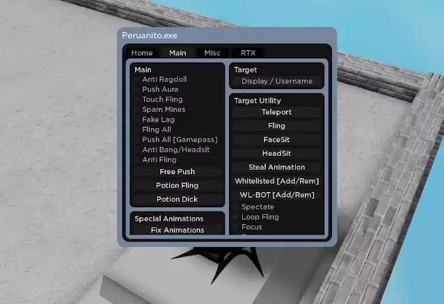 Preview of Roblox Script - Ragdoll Engine | Peruanito.exe | Fling All, Push Aura, Trolling, Local Player, RTX & More