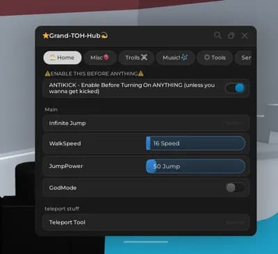 Preview of TOH HUB - Comes with Advanced ANTIKICK, godmode, and more!